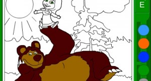 Раскраска: Маша и медведь на лужайке