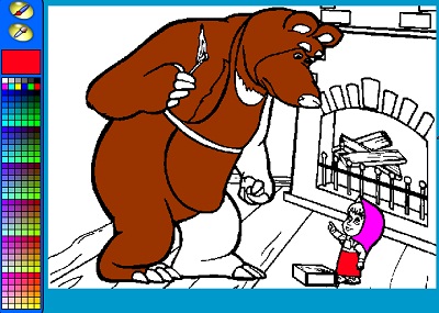 Раскраска: Маша и медведь разжигают камин